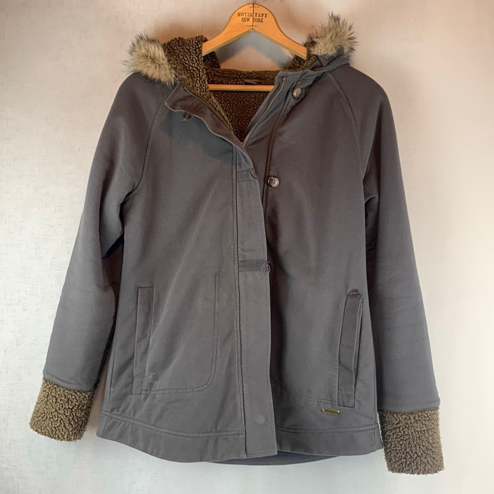 Eddie Bauer Jacket Womens Medium Brown Full Zip Sherpa Lined Faux Fur Trim